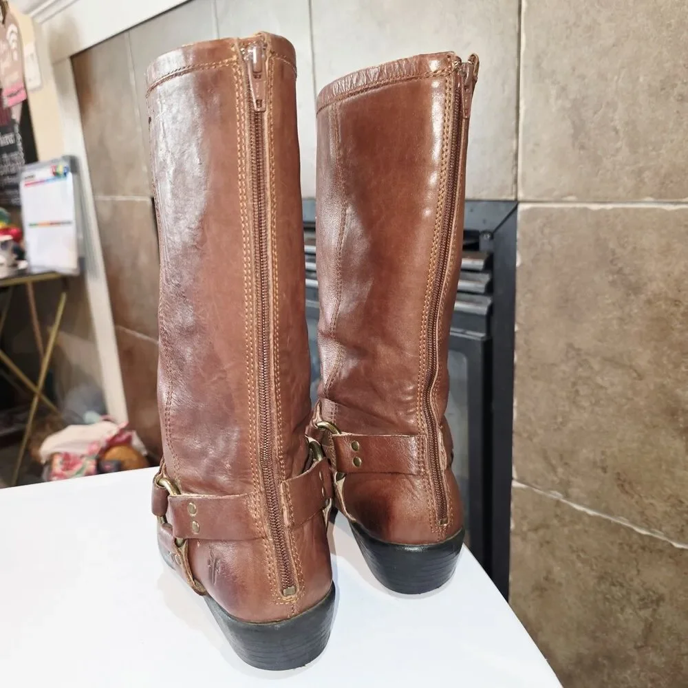 FRYE PHILLIP HARNESS Sz4 Vintage Youth Cognac Brown Zip Up Distressed Tall Boots